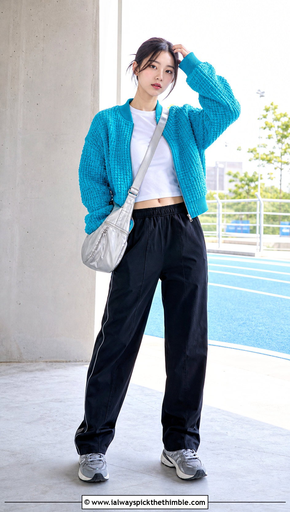 Crochet Bomber Jacket With Track Pants - 20 korean crochet outfits ideas