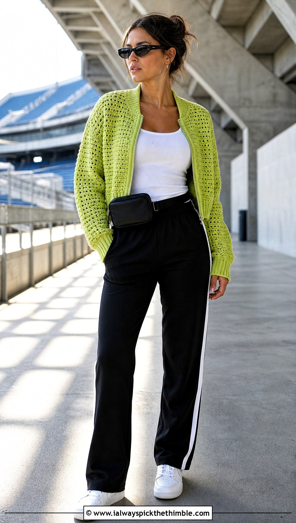 Crochet Bomber Jacket With Track Pants And Sneakers - 20 crochet apparel and outfit ideas