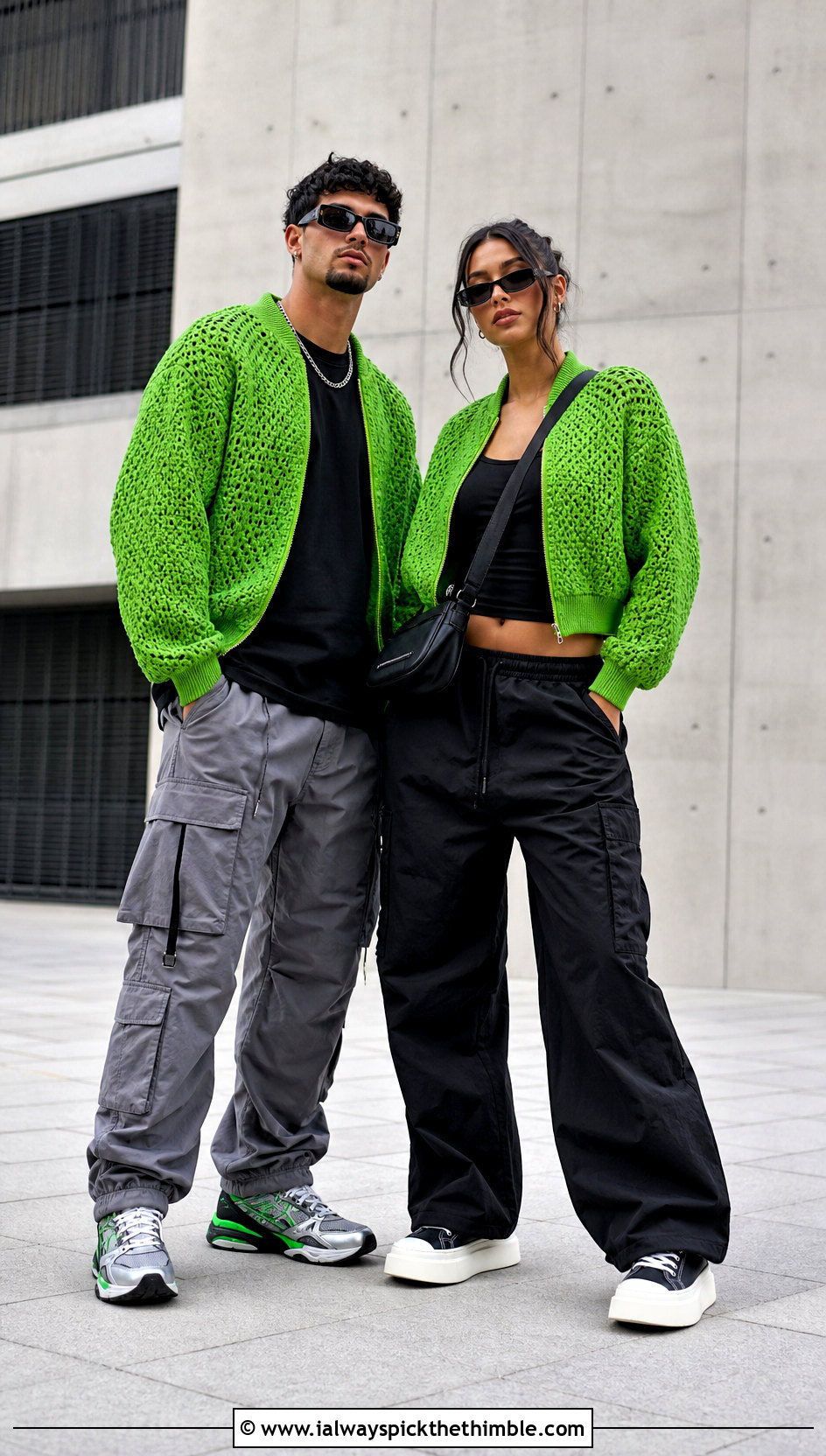 Crochet Bomber Jackets With Cargo Pants - 20 couples crochet outfit ideas