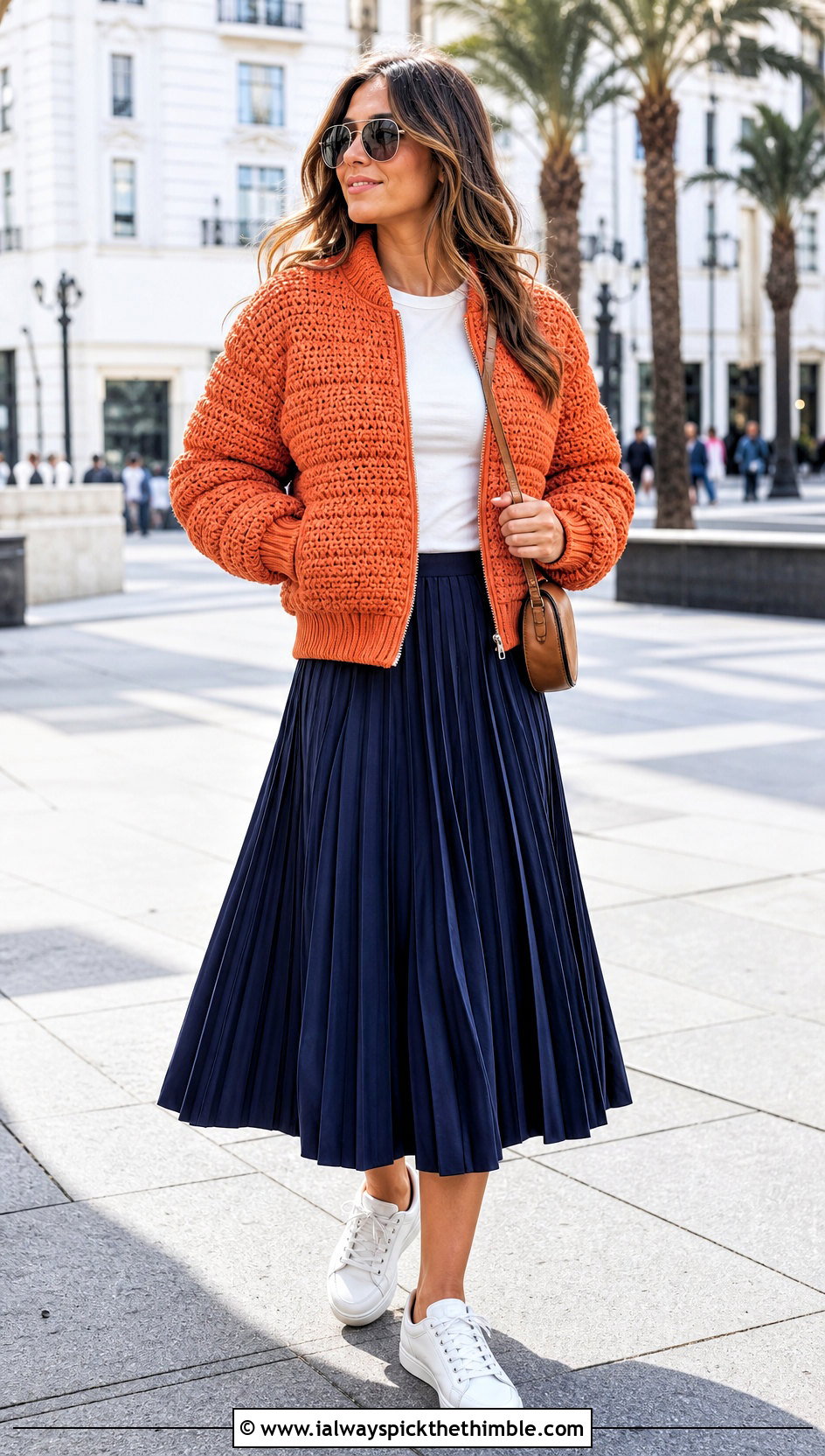 Crochet Bomber Puffer Jacket With Pleated Midi Skirt - 25 crochet puffer jacket outfit ideas