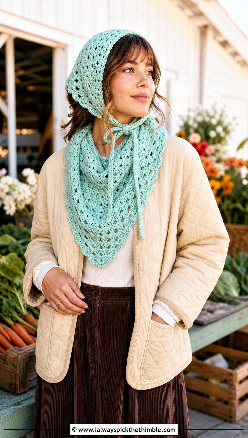 Crochet Bonnet And Kerchief Scarf With Quilted Jacket - 20 crochet scarf hat combo outfit ideas