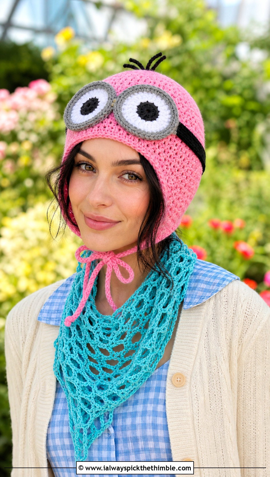 Crochet Bonnet And Lace Mesh Scarf With Midi Dress - 15 minion-themed crochet hat and scarf outfit ideas