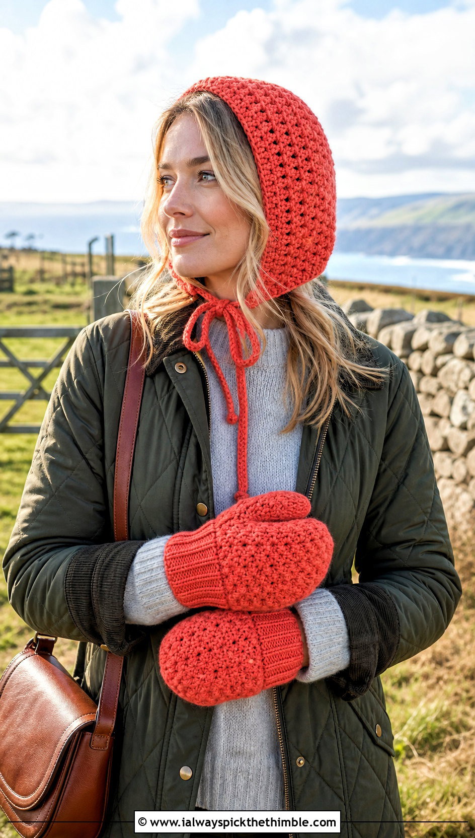 Crochet Bonnet And Mittens With A Quilted Jacket - 15 Crochet Hat And Gloves outfit ideas