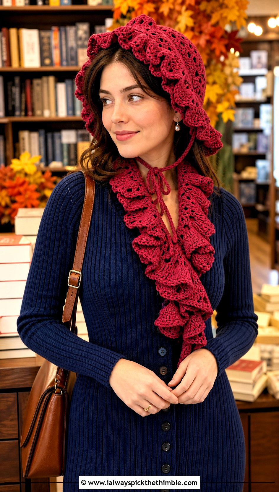 Crochet Bonnet And Ruffle Scarf With Cardigan Dress - 15 Crochet Scarf Hat outfit ideas