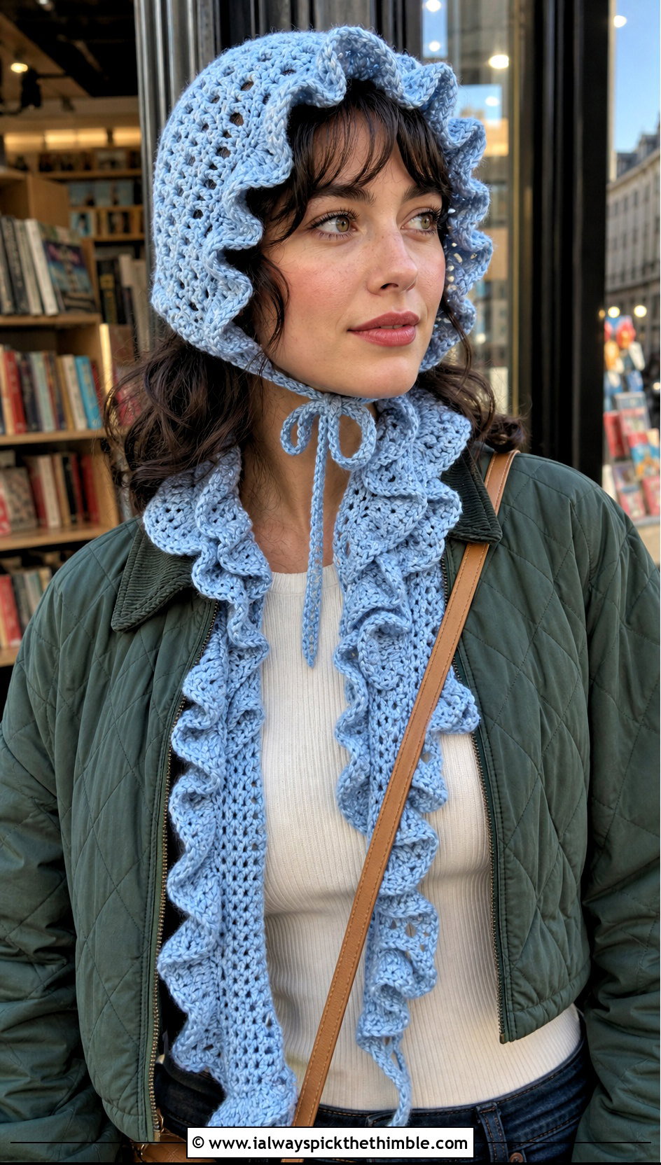 Crochet Bonnet And Ruffle Scarf With Quilted Jacket - 15 Easy Crochet Hat And Scarf Set outfit ideas