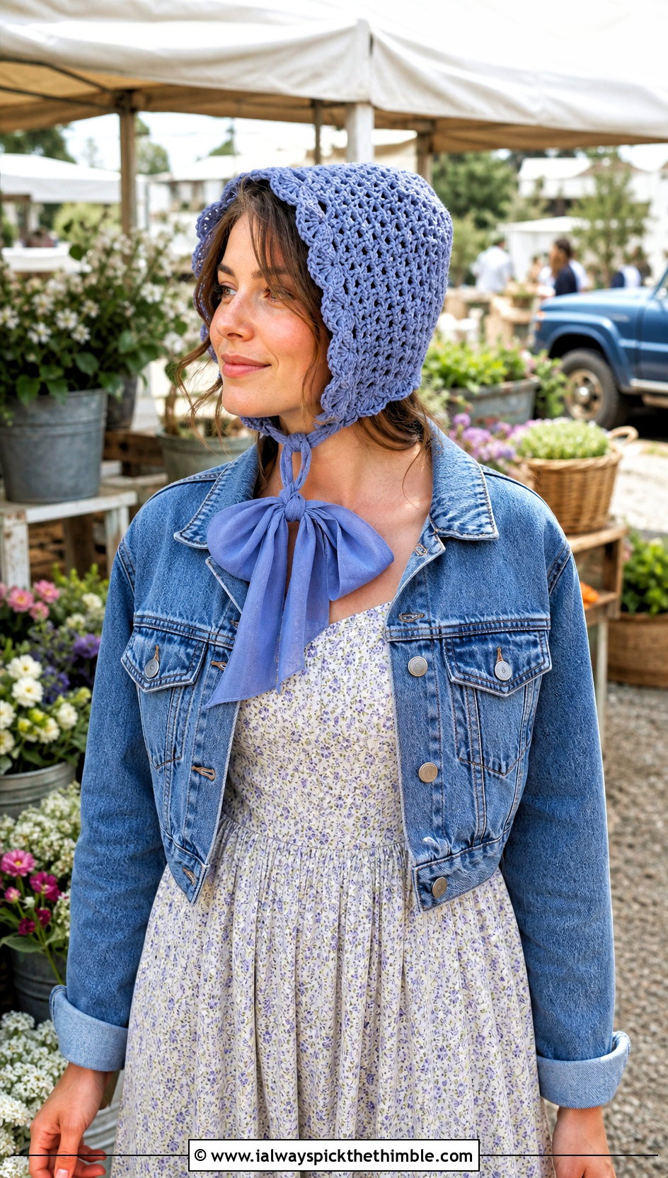 Crochet Bonnet And Tie Scarf With Prairie Dress - 25 crochet hat and scarf set outfit ideas