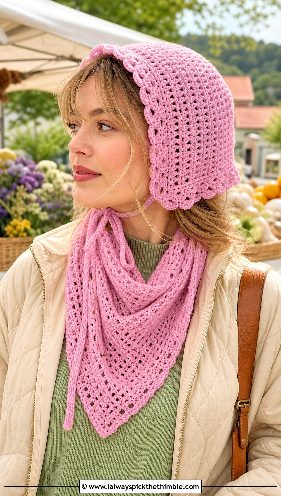 Crochet Bonnet And Triangle Scarf With Quilted Jacket - 20 crochet hat scarf outfit ideas