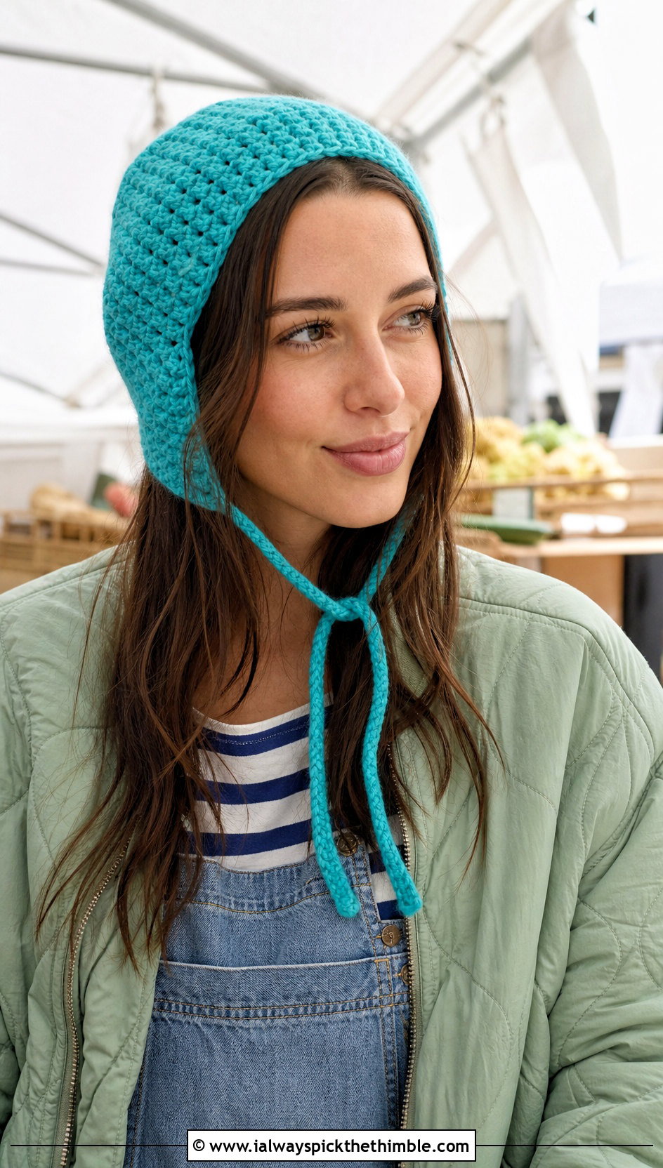 Crochet Bonnet Beanie With Quilted Jacket And Denim Overalls - 15 crochet beany hat outfit ideas