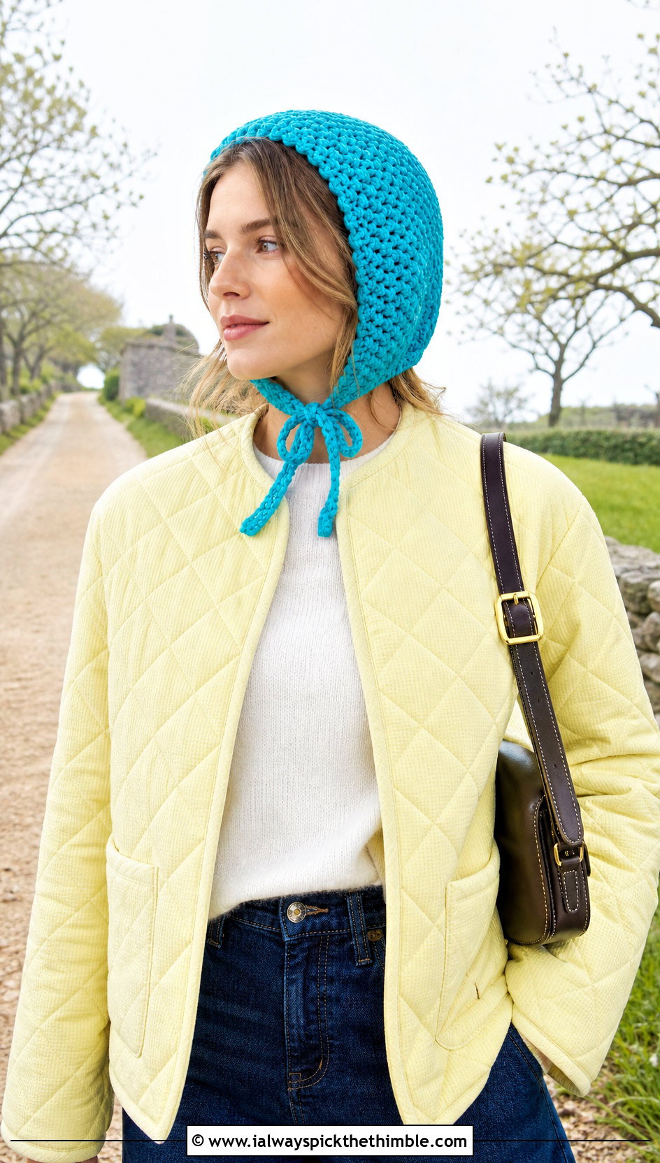 Crochet Bonnet Cap With Quilted Jacket - 25 crochet caps outfit ideas
