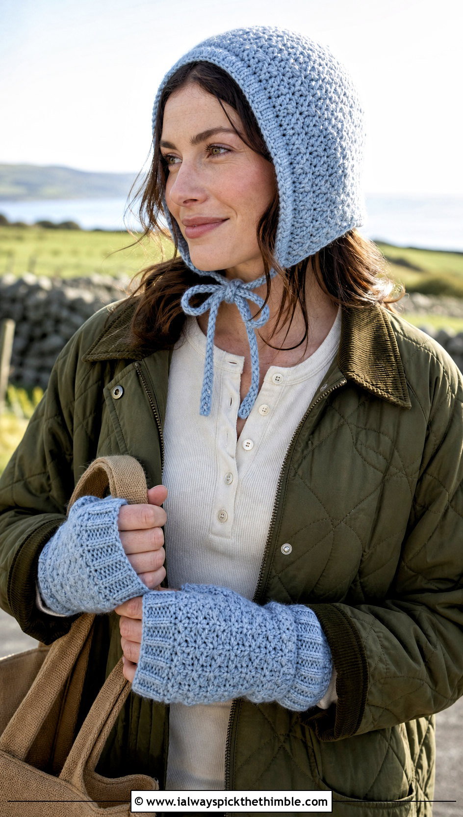 Crochet Bonnet Hat And Cuffed Hand Warmers With Quilted Jacket - 15 Crochet Hat With Hand Warmer outfit ideas