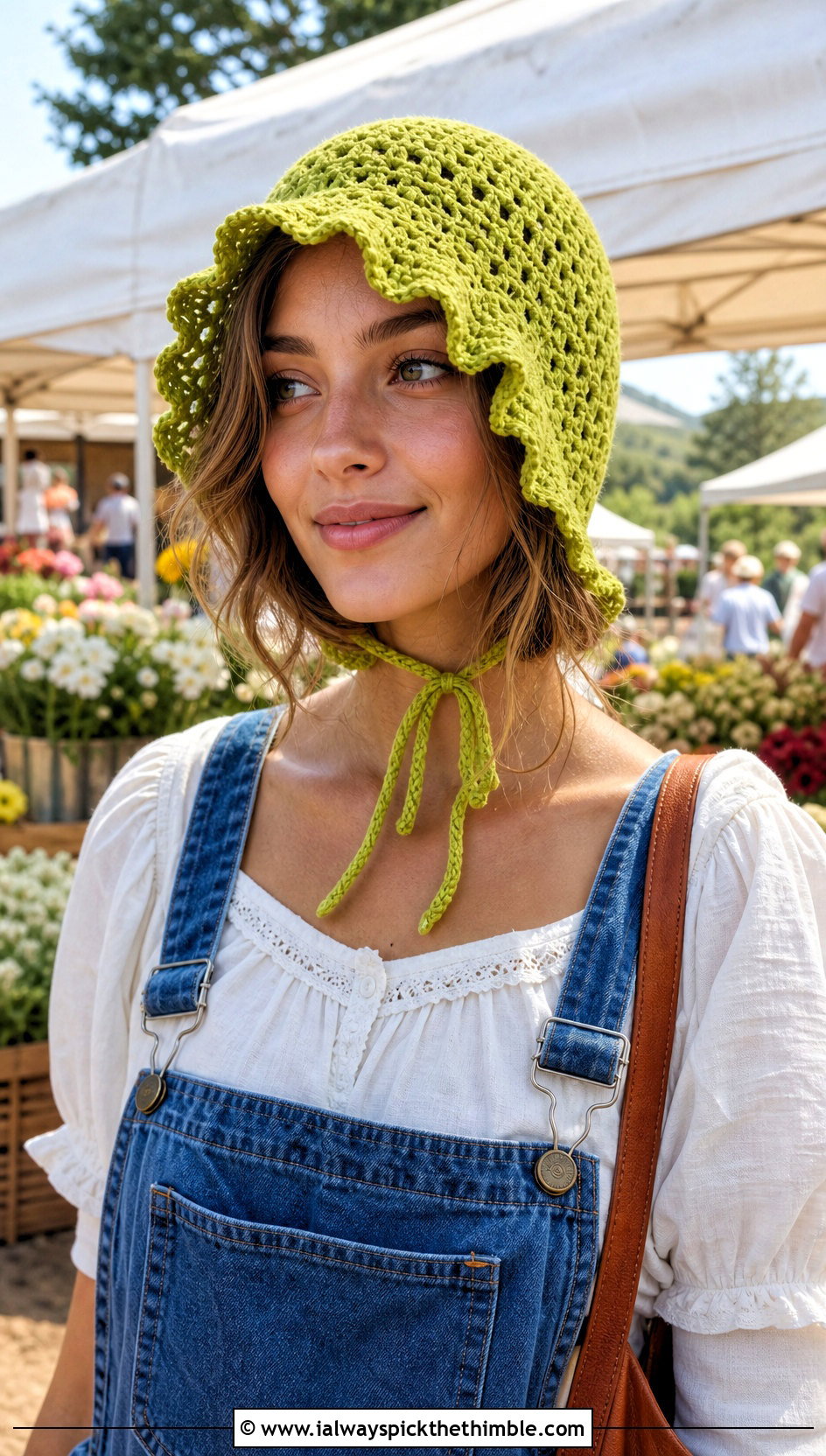 Crochet Bonnet Hat With Blouse And Denim Overalls - 20 Best Crochet Hat outfit ideas