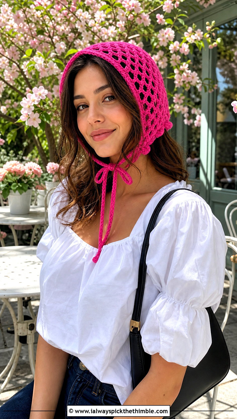 Crochet Bonnet Hat With Puff Sleeve Blouse And Jeans - 25 fun crochet hats outfit ideas
