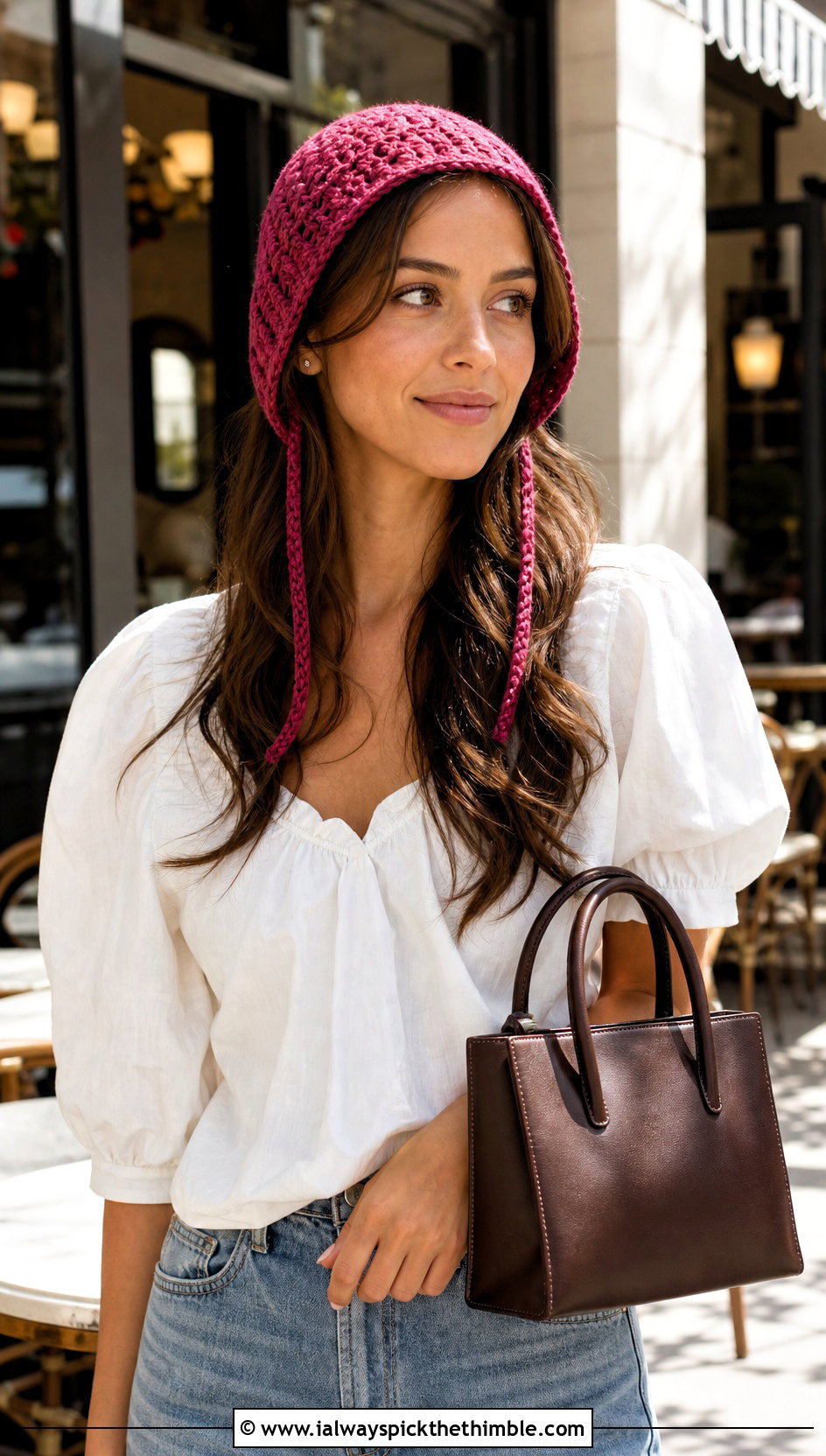 Crochet Bonnet Hat With Puff Sleeve Blouse And Jeans - 25 crochet summer hats outfit ideas