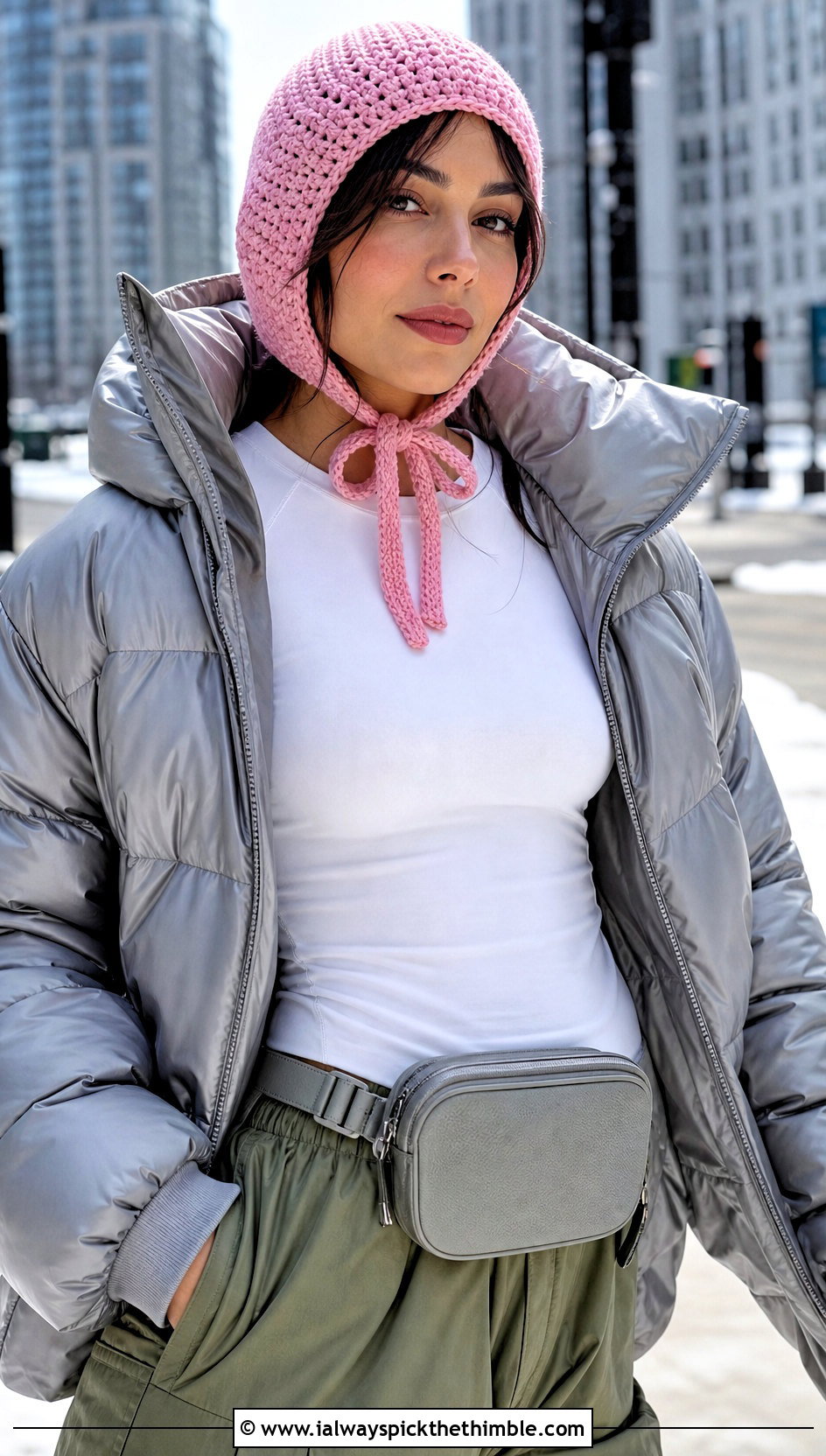 Crochet Bonnet Hat With Puffer Jacket And Cargo Pants - 15 Ladies Crochet Hat outfit ideas