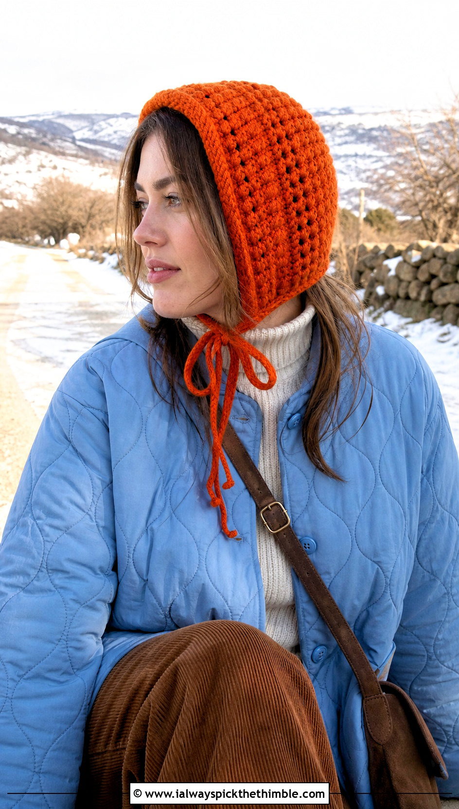 Crochet Bonnet Hat With Quilted Jacket - 25 easy crochet hat for women outfit ideas