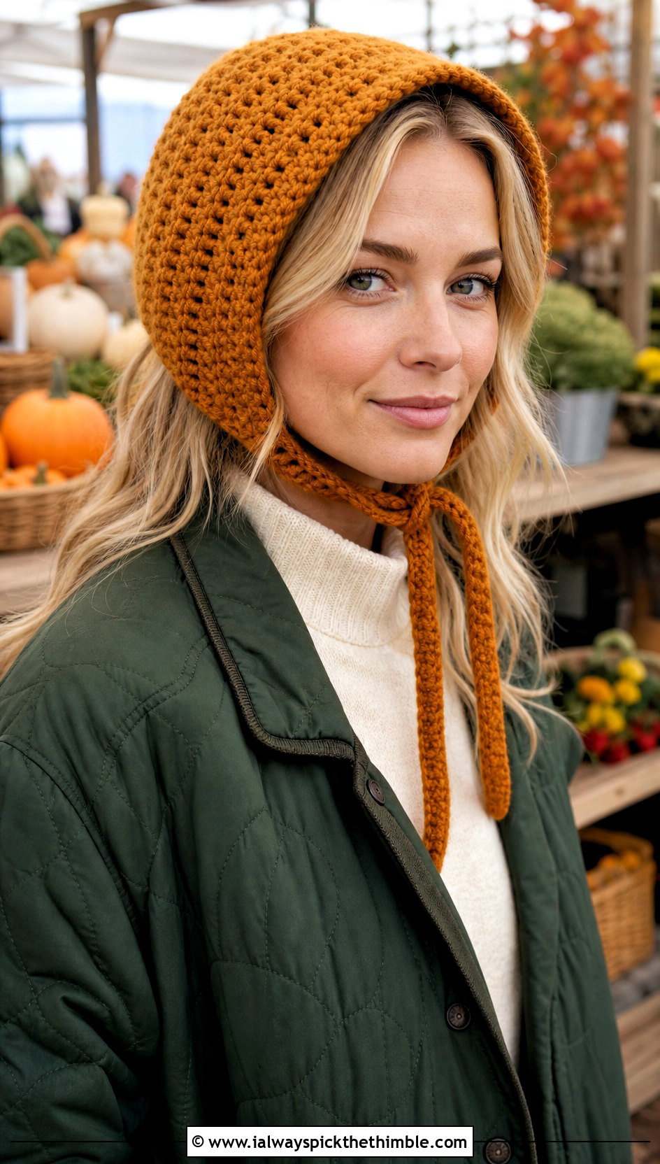 Crochet Bonnet Hat With Quilted Jacket and Corduroy Pants - 25 crochet adult hats outfit ideas
