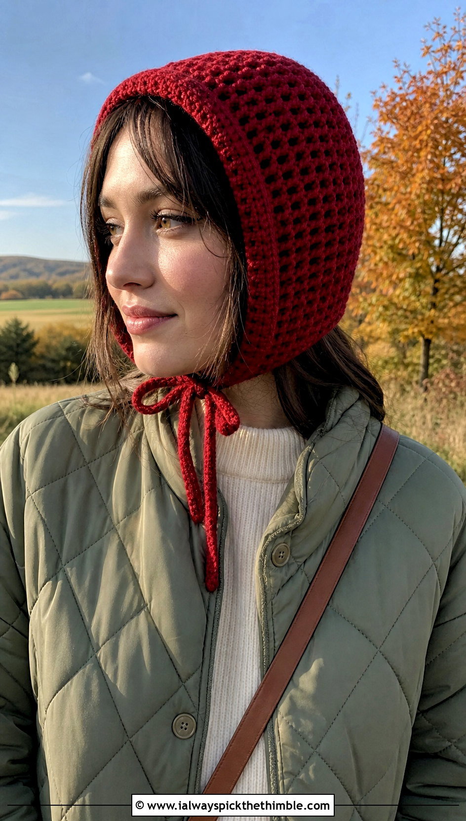 Crochet Bonnet Hat With Quilted Jacket - 25 Crochet Hats For Women outfit ideas