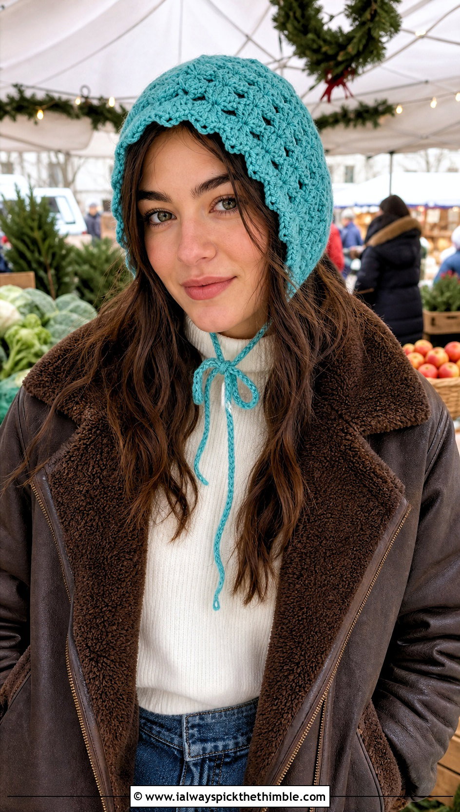 Crochet Bonnet Hat With Shearling Jacket And Straight Jeans - 20 easy crochet winter hat outfit ideas