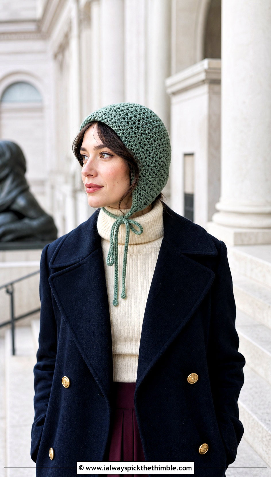 Crochet Bonnet Ski Hat With Peacoat And Midi Skirt - 20 crochet ski hat outfit ideas