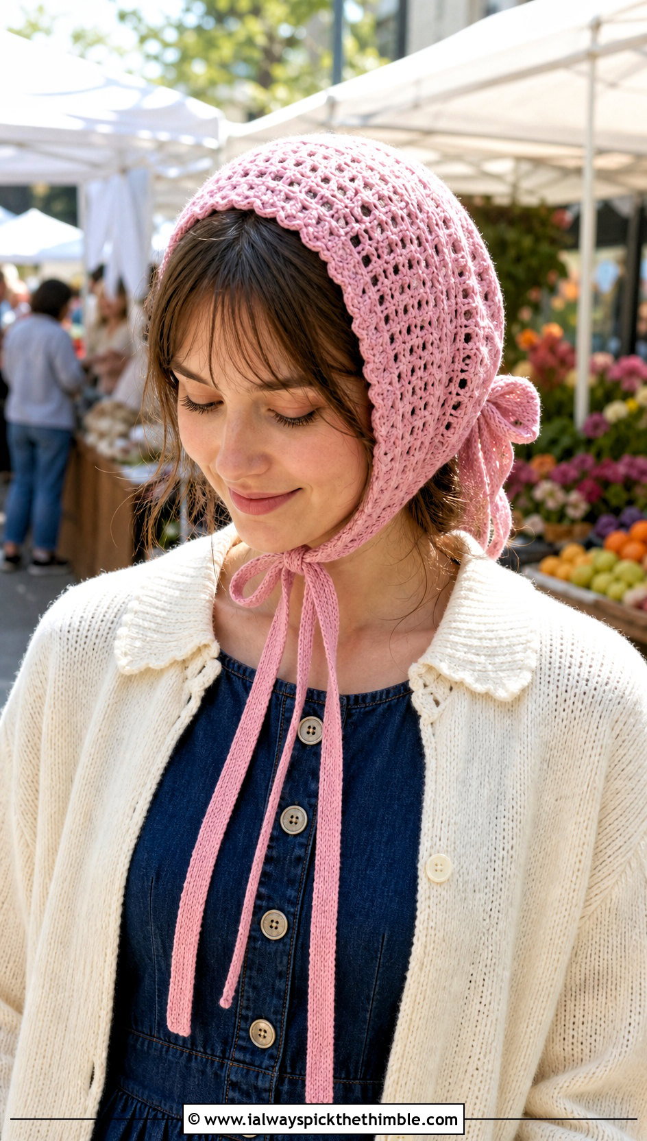 Crochet Bonnet With Bow And Denim Dress - 20 Crochet Hat With Bow outfit ideas