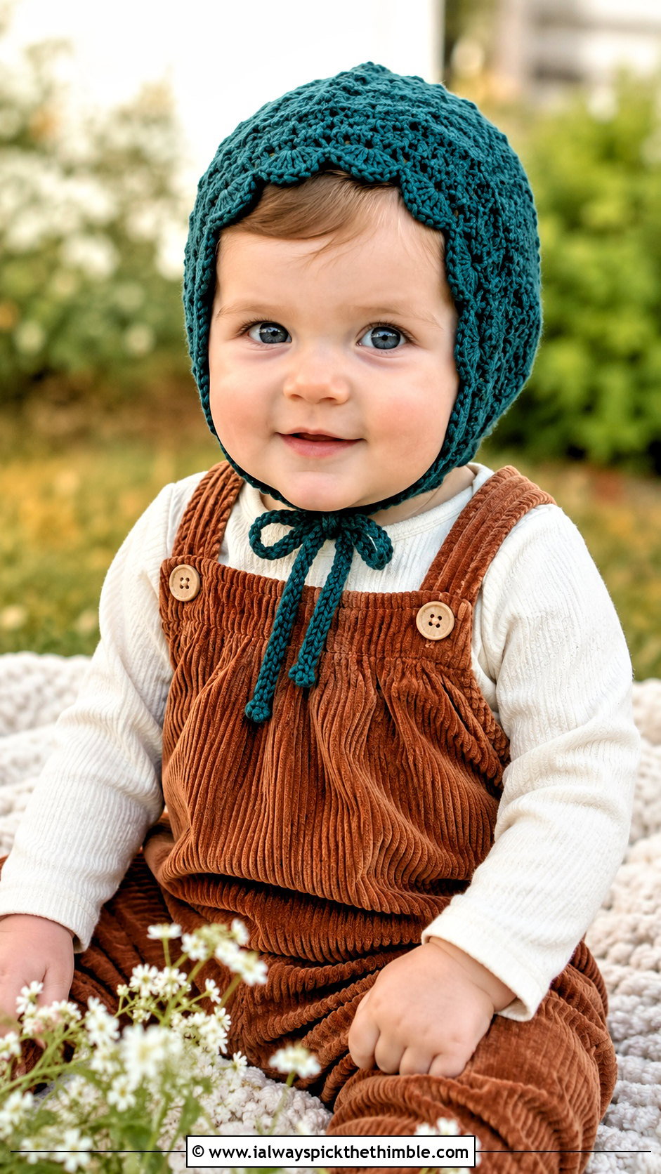 Crochet Bonnet With Corduroy Romper - 15 12 month old crochet hat outfit ideas