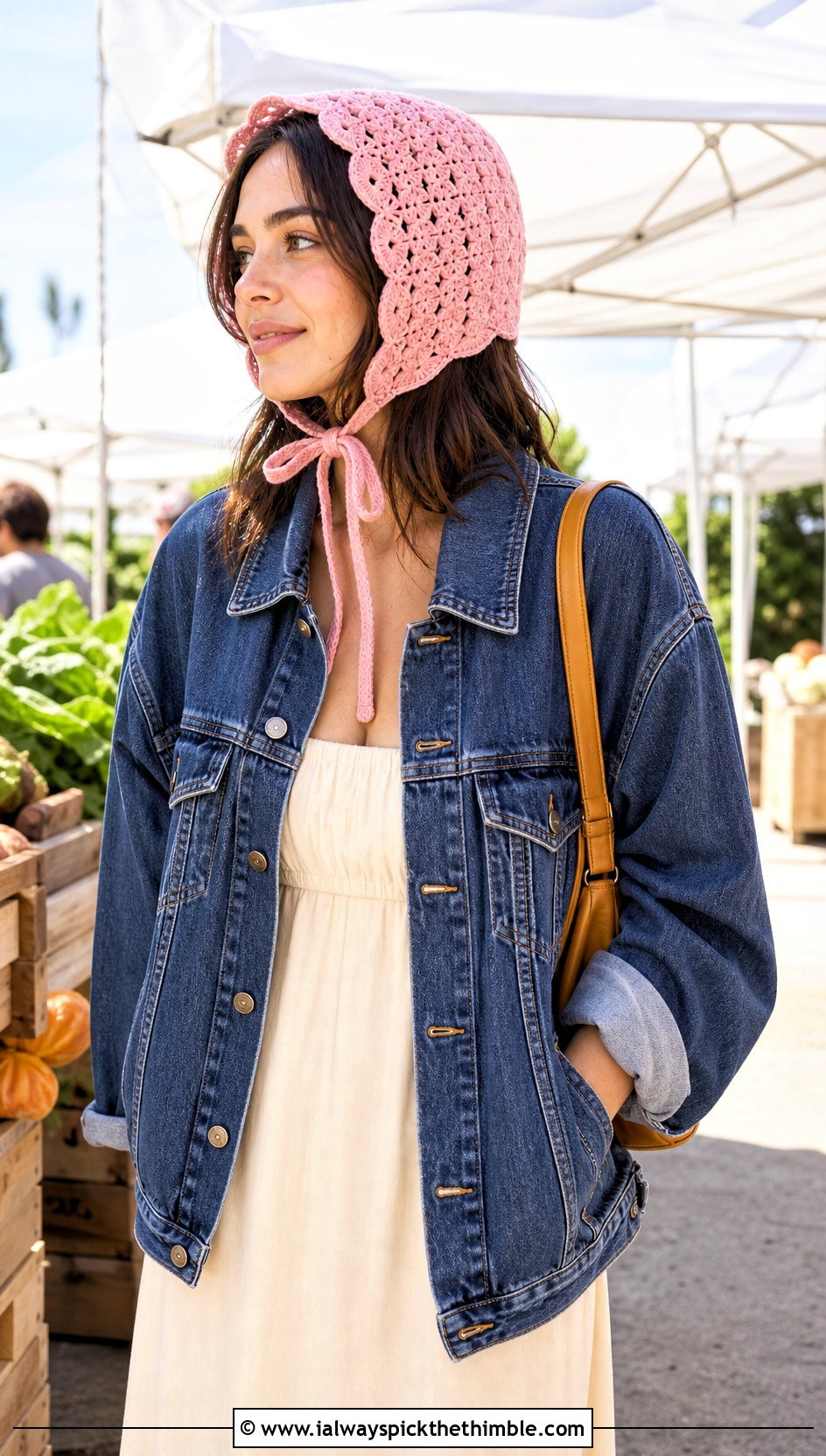 Crochet Bonnet With Denim Jacket And Maxi Dress - 20 Cool Crochet Hat Ideas