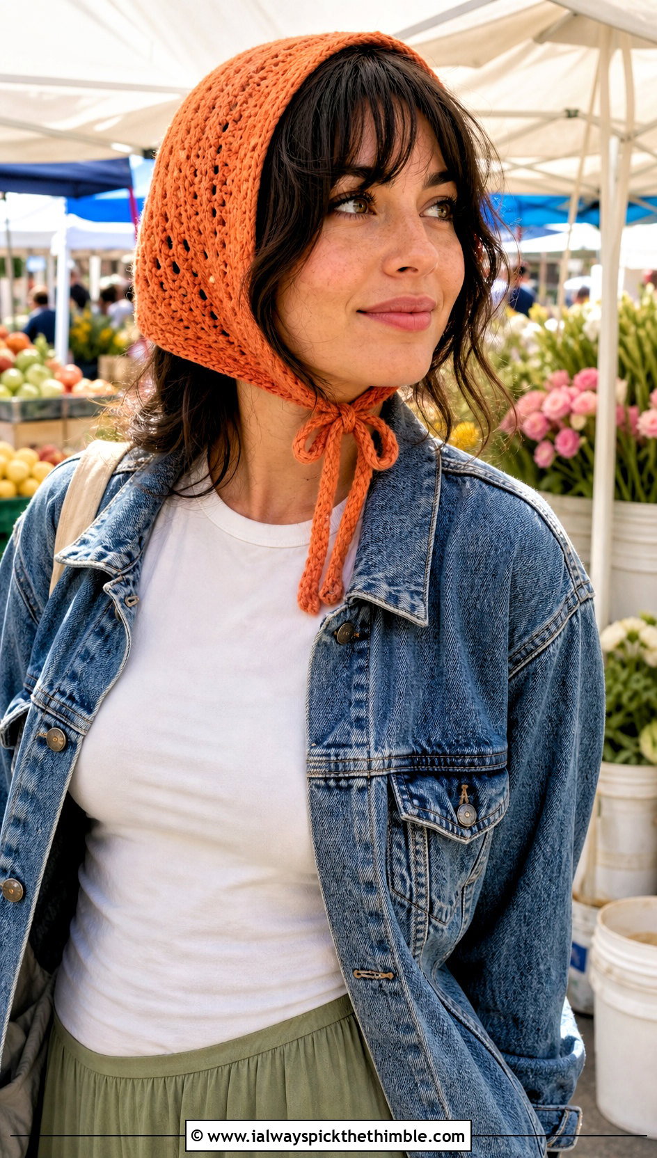 Crochet Bonnet With Denim Jacket And Maxi Skirt - 20 Cute Crochet Hats outfit ideas