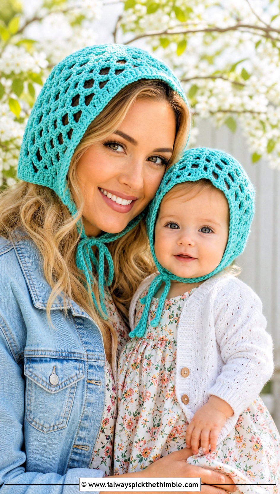 Crochet Bonnet With Floral Dresses And Cardigans - 20 crochet mommy and me hats outfit ideas