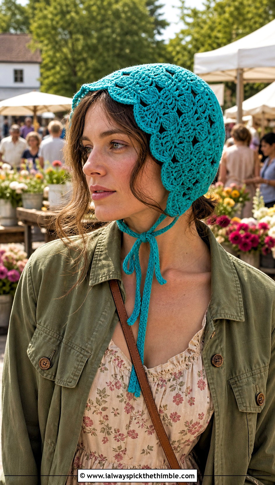 Crochet Bonnet With Floral Maxi Dress - 25 crocheted hats outfit ideas