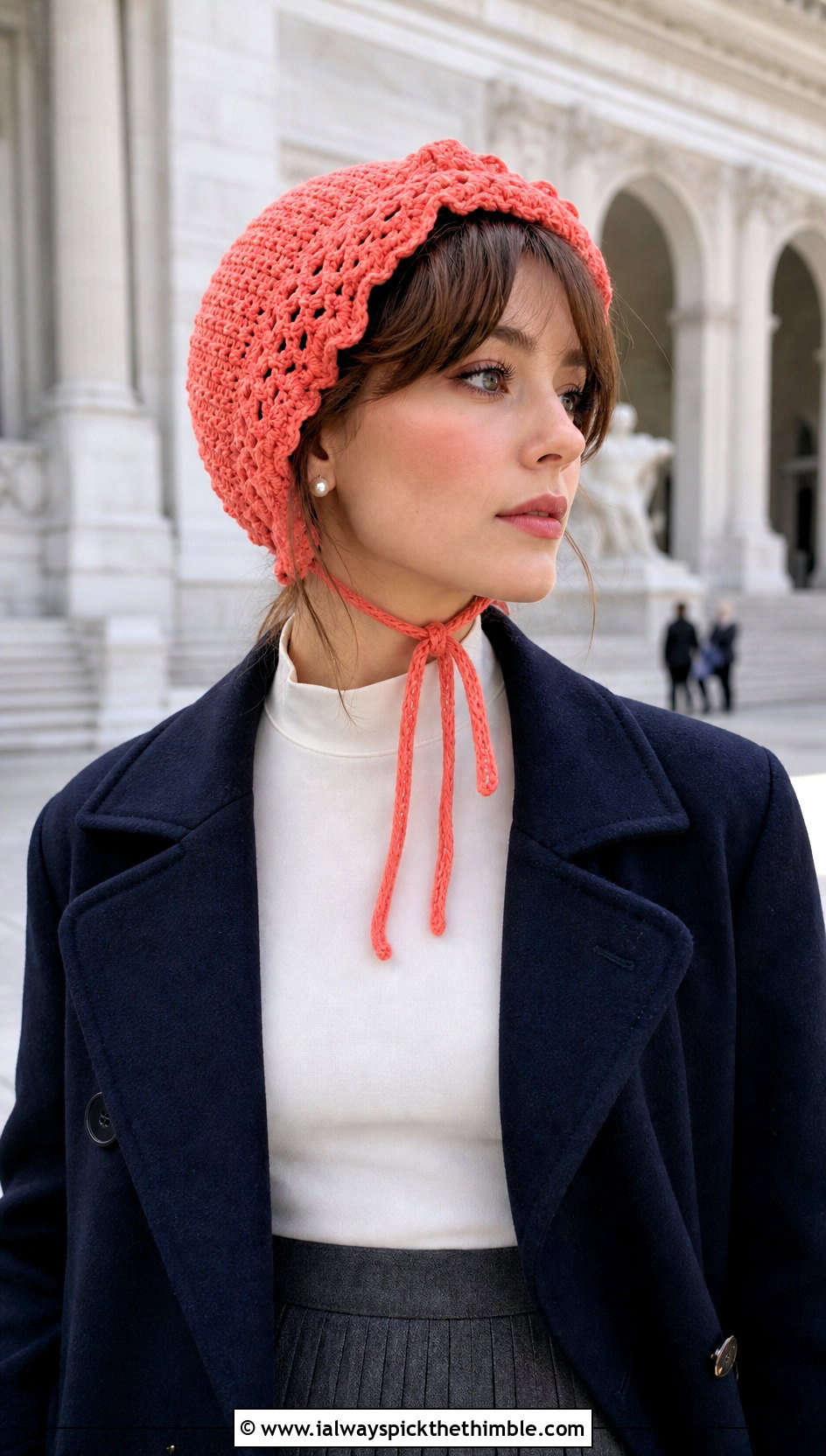 Crochet Bonnet With Peacoat And Midi Skirt - 25 crochet winter hats outfit ideas