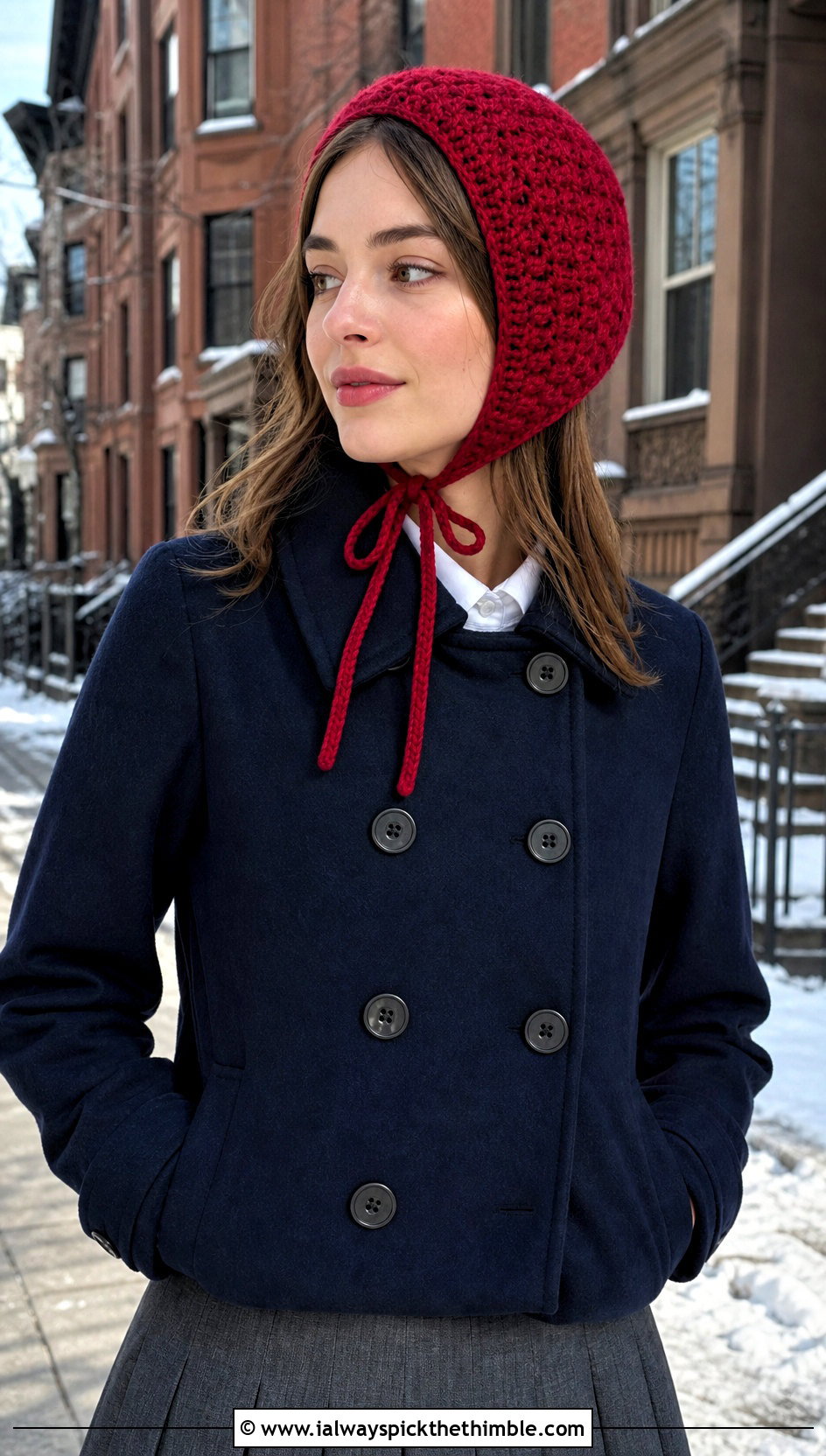 Crochet Bonnet With Peacoat - 15 Crochet Warm Winter Hat outfit ideas