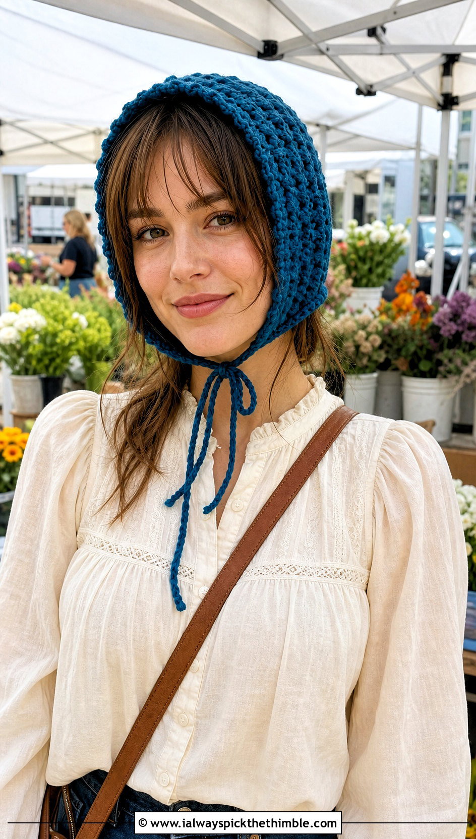 Crochet Bonnet With Prairie Blouse And Straight Jeans - 25 cute crochet hat outfit ideas