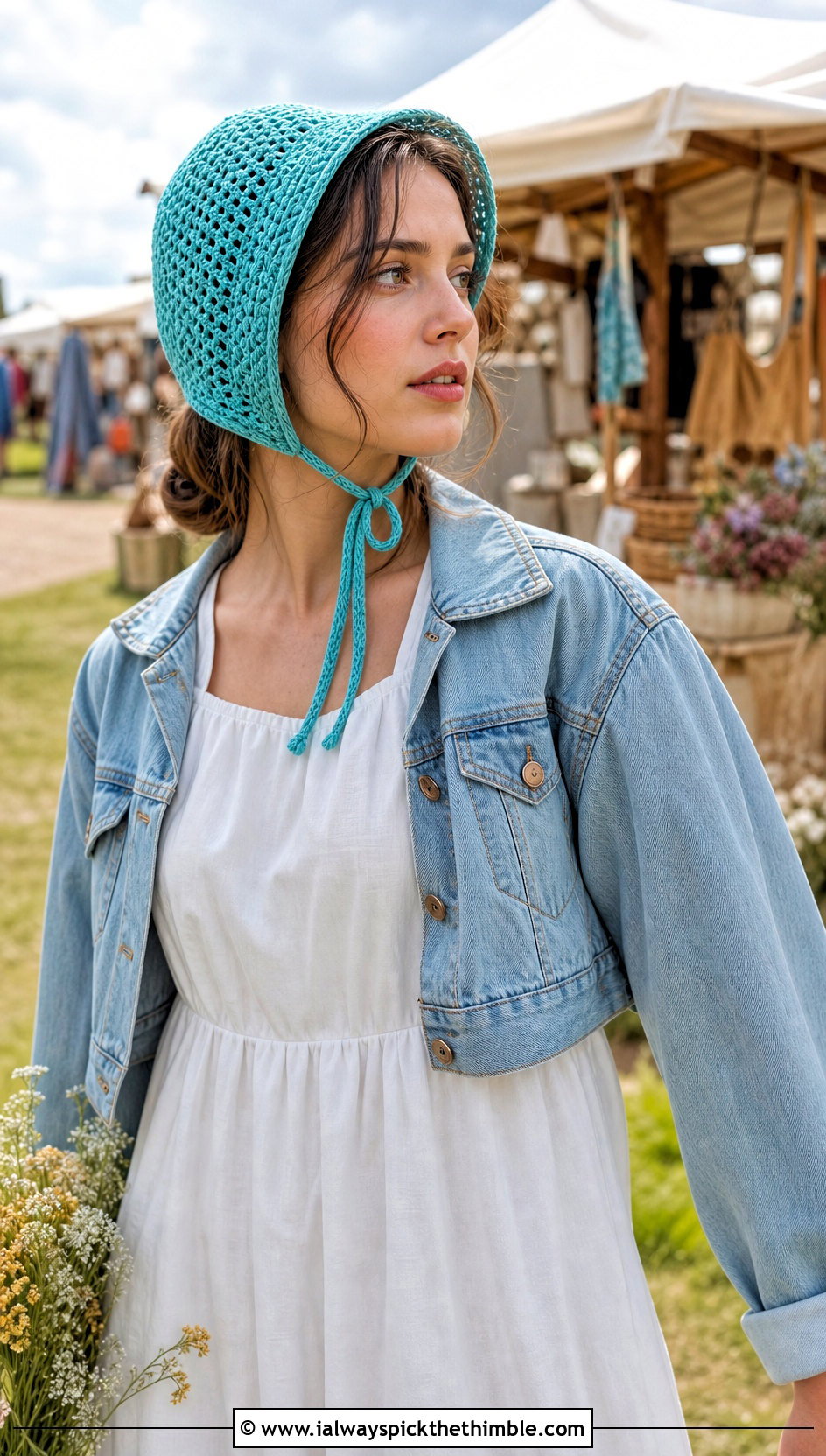 Crochet Bonnet With Puff Sleeve Dress And Boots - 25 women crochet hat outfit ideas