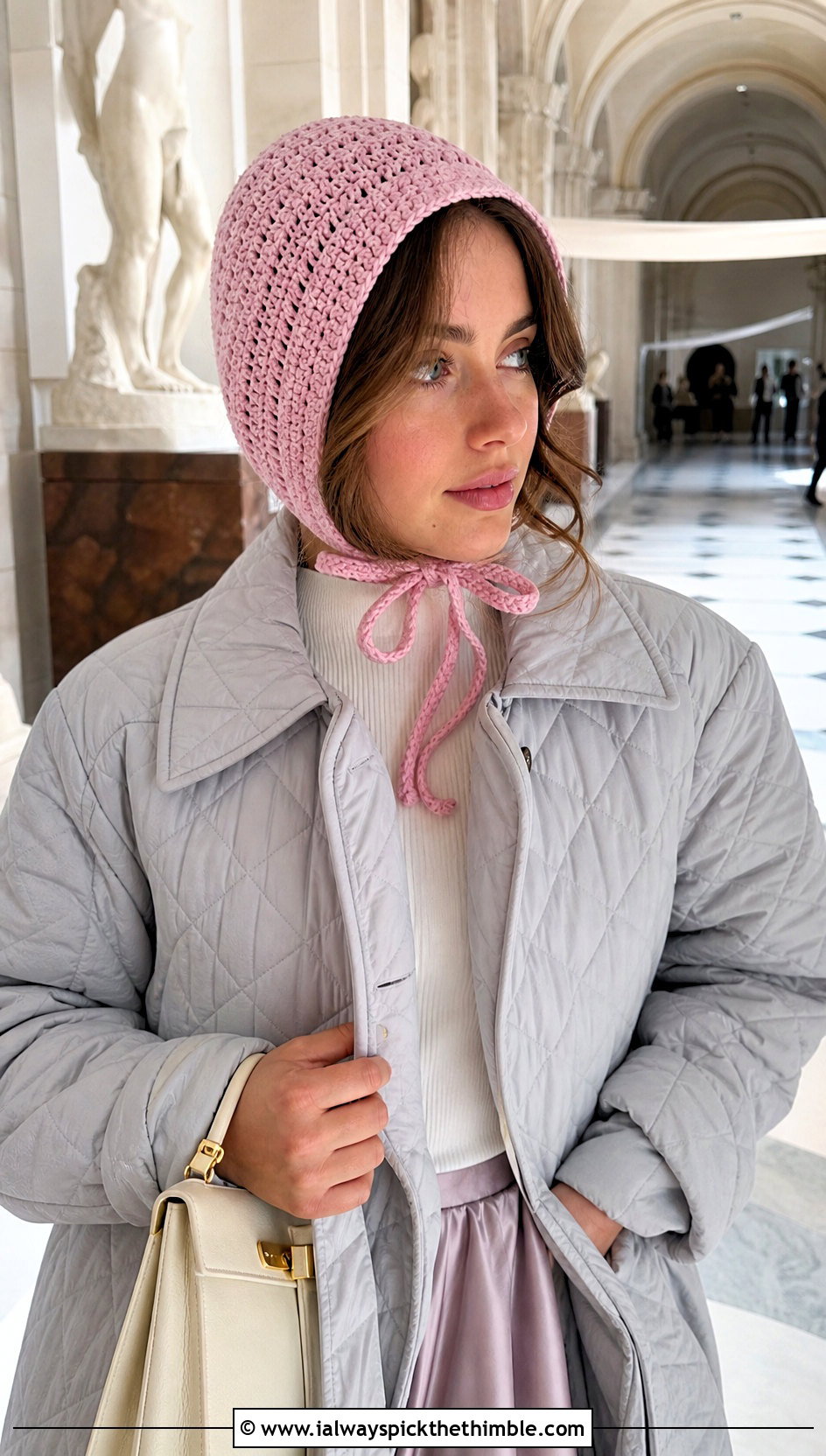 Crochet Bonnet With Quilted Coat - 20 winter crochet hats outfit ideas