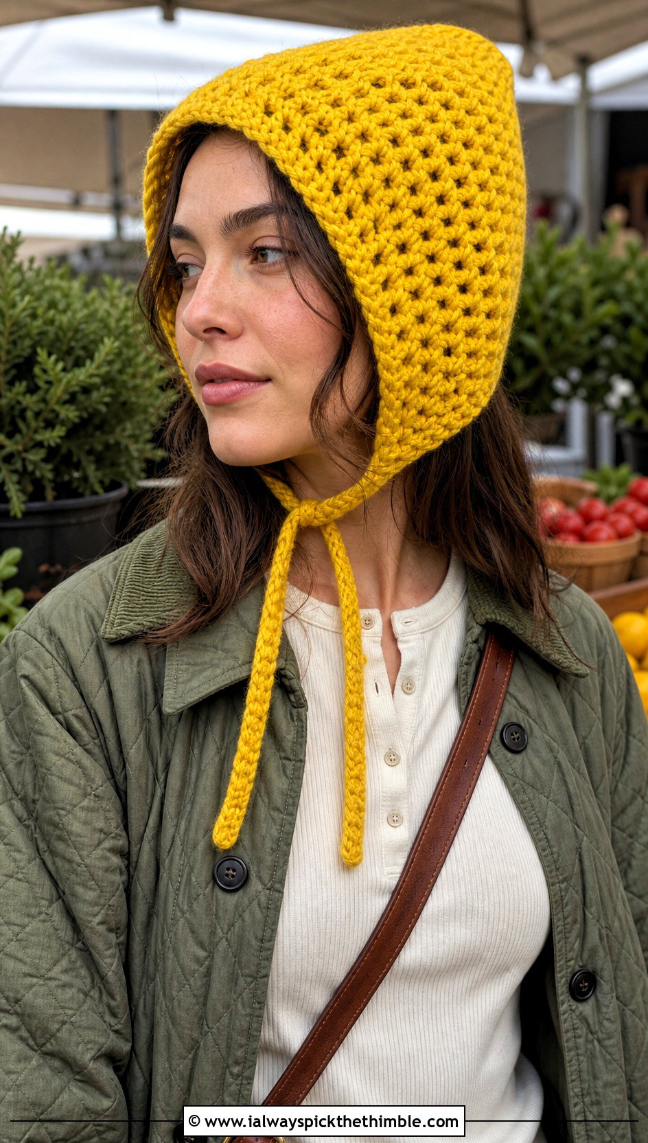 Crochet Bonnet With Quilted Jacket And Corduroy Pants - 20 easy crocheted hats outfit ideas