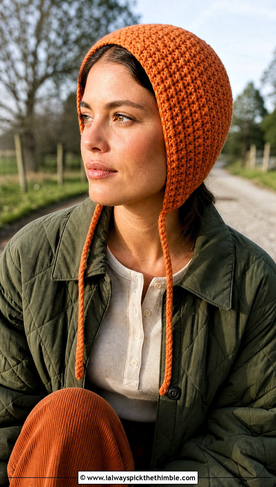 Crochet Bonnet With Quilted Jacket And Corduroy Pants - 20 crocheted hat outfit ideas