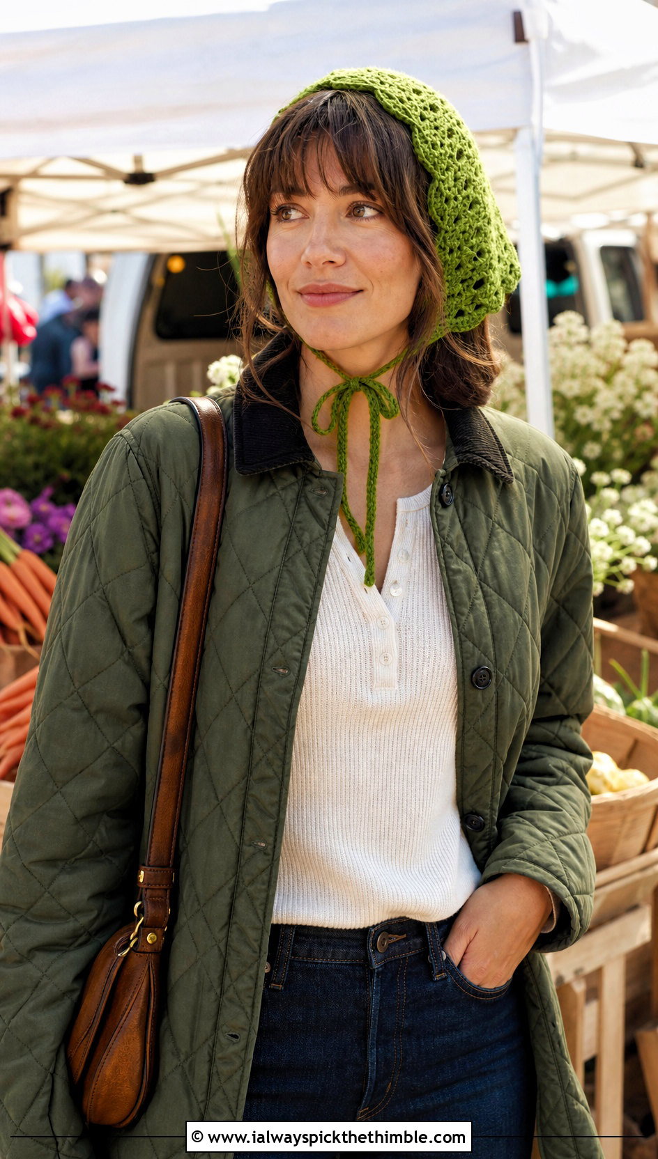 Crochet Bonnet With Quilted Jacket And Jeans - 20 Quick And Easy Crochet Hat outfit ideas
