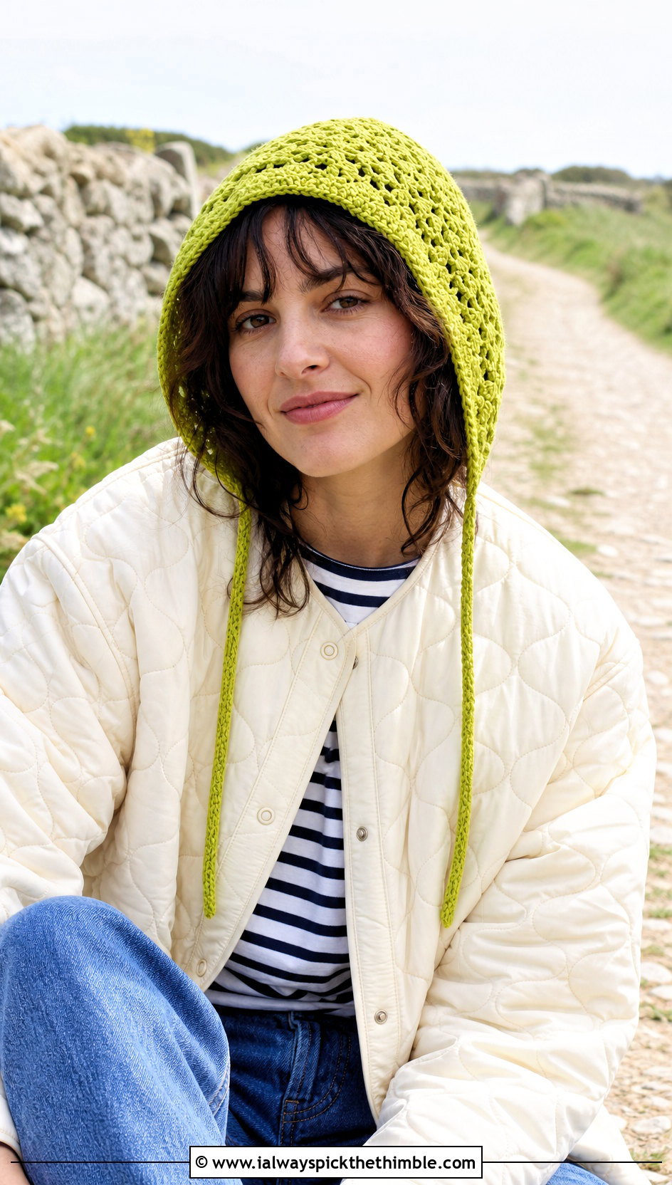 Crochet Bonnet With Quilted Jacket And Jeans - 15 Modern Crochet Hat outfit ideas