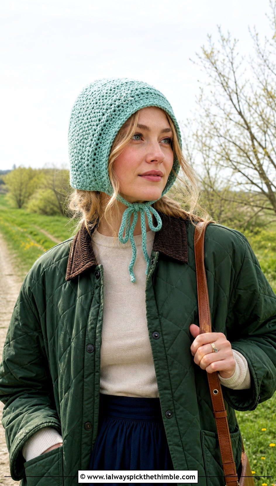 Crochet Bonnet With Quilted Jacket And Maxi Skirt - 20 beginner crochet hat outfit ideas