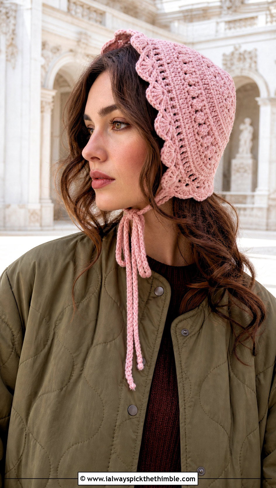 Crochet Bonnet With Quilted Jacket And Midi Skirt - 20 Warm Crochet Hat outfit ideas