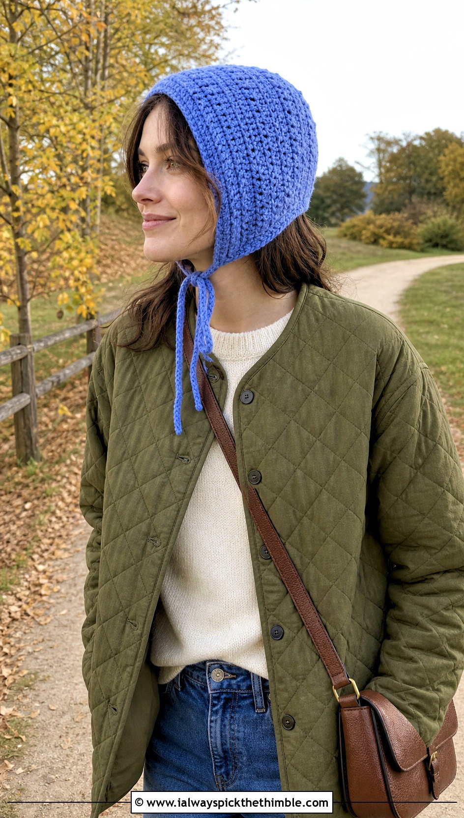 Crochet Bonnet With Quilted Jacket - 20 Women Crochet Hats outfit ideas