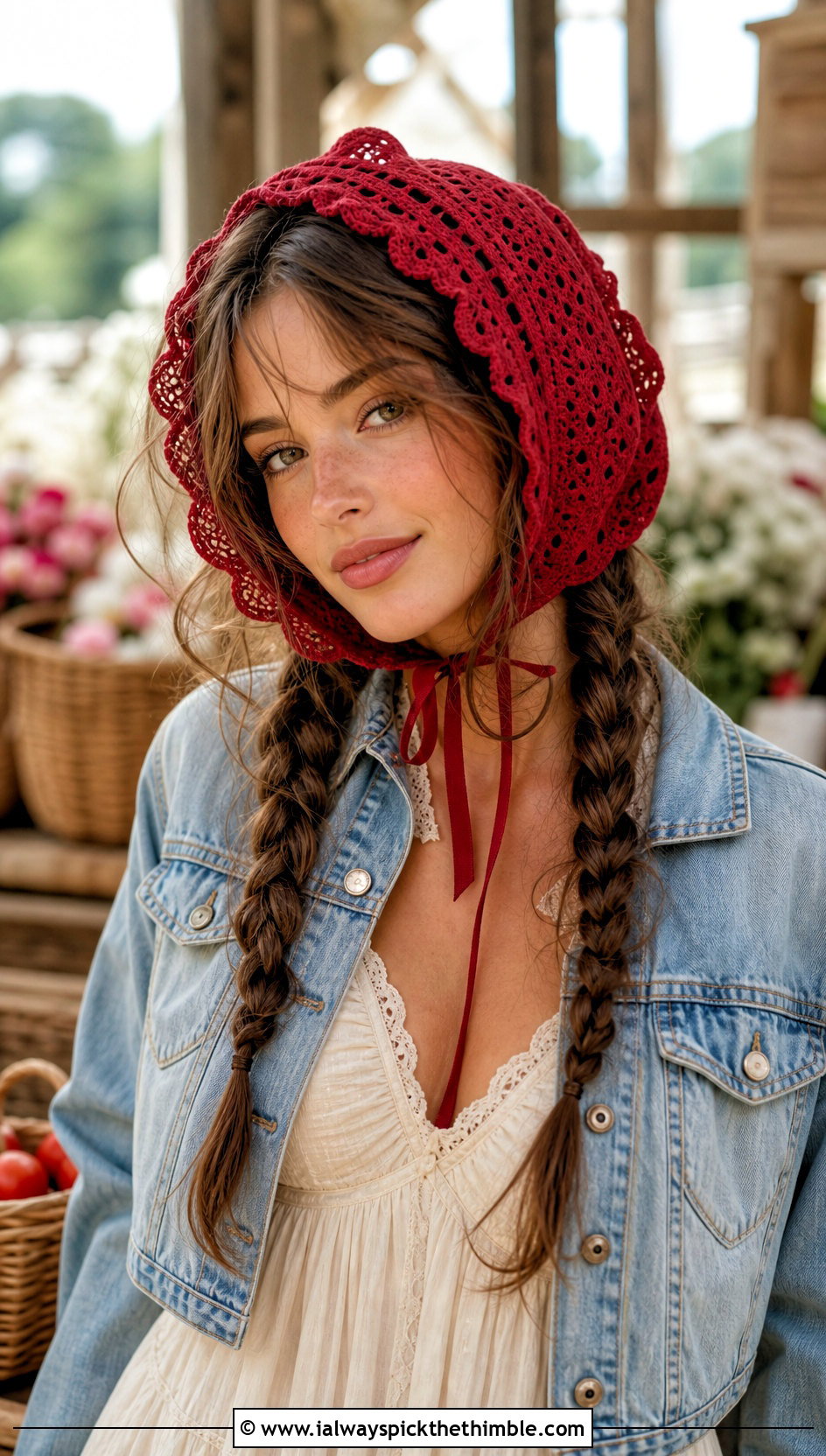 Crochet Bonnet With Ribbon Braids And Prairie Dress - 20 crochet hat with hair outfit ideas