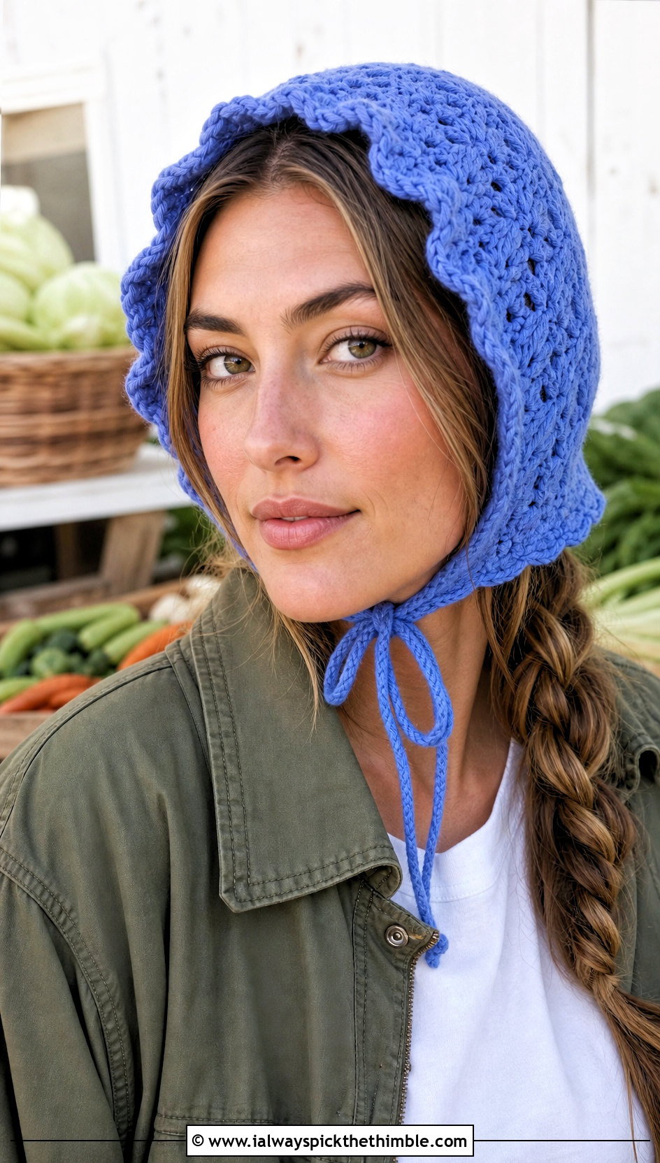 Crochet Bonnet With Utility Jacket - 25 crochet hats outfit ideas