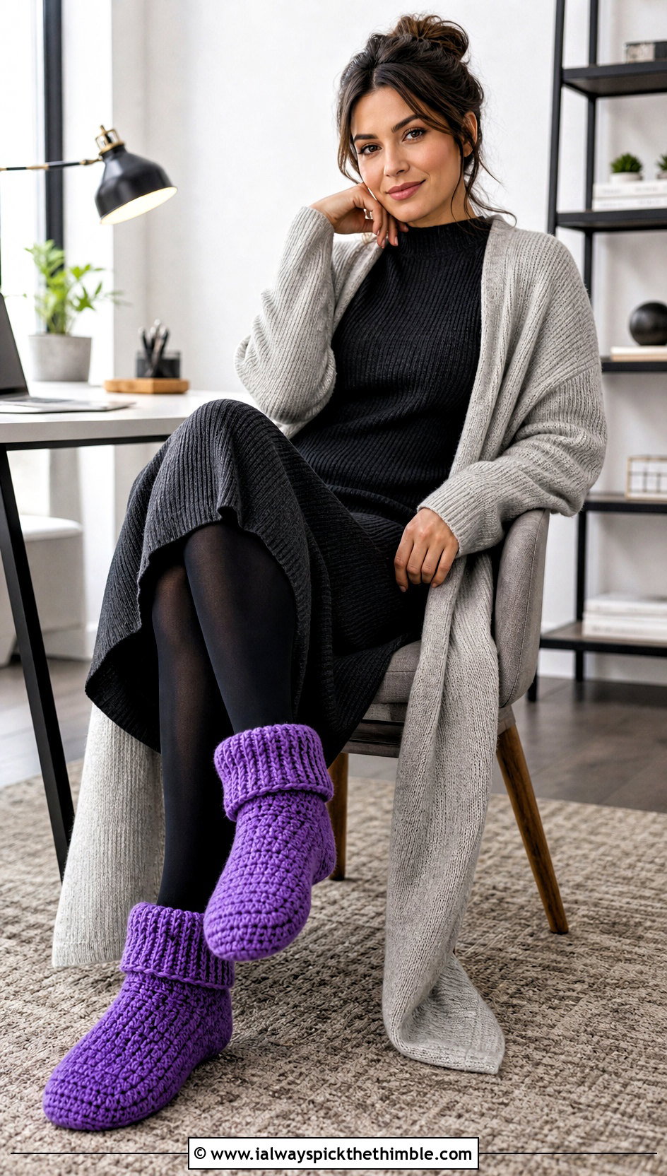 Crochet Bootie Slippers With Sweater Dress - 20 Quick Crochet Slippers outfit ideas