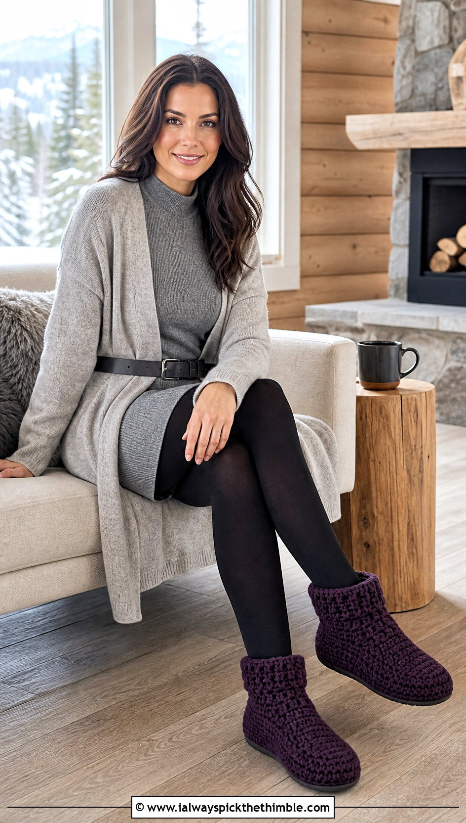Crochet Bootie Slippers With Sweater Dress And Tights - 25 crocheted slippers outfit ideas