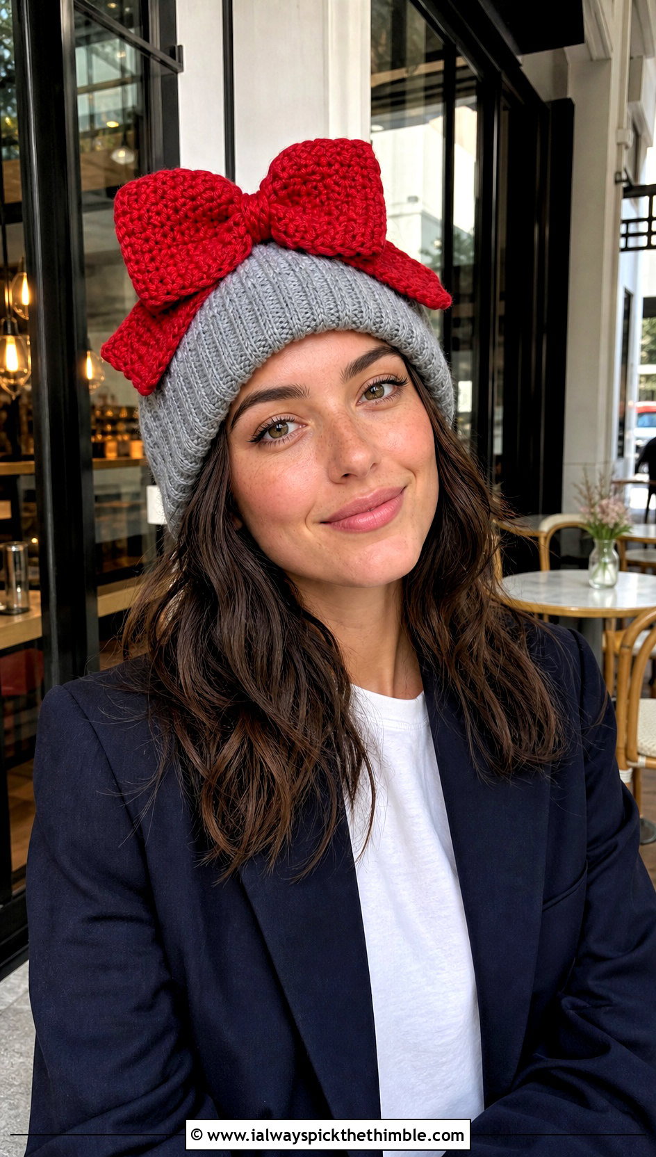 Crochet Bow Hat Topper With Blazer And Jeans - 20 Crochet Hat Toppers Ideas