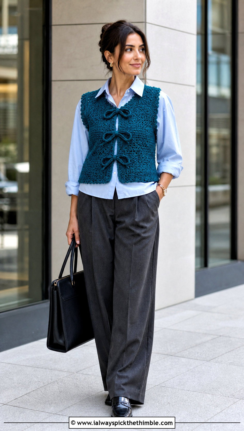 Crochet Bow Vest Top With Tailored Trousers - 20 crochet bow top outfit ideas