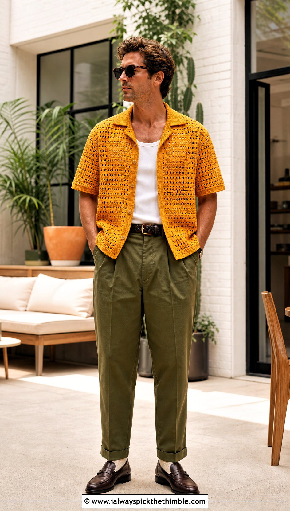 Crochet Bowling Shirt With Pleated Chinos - 25 crochet shirt men outfit ideas