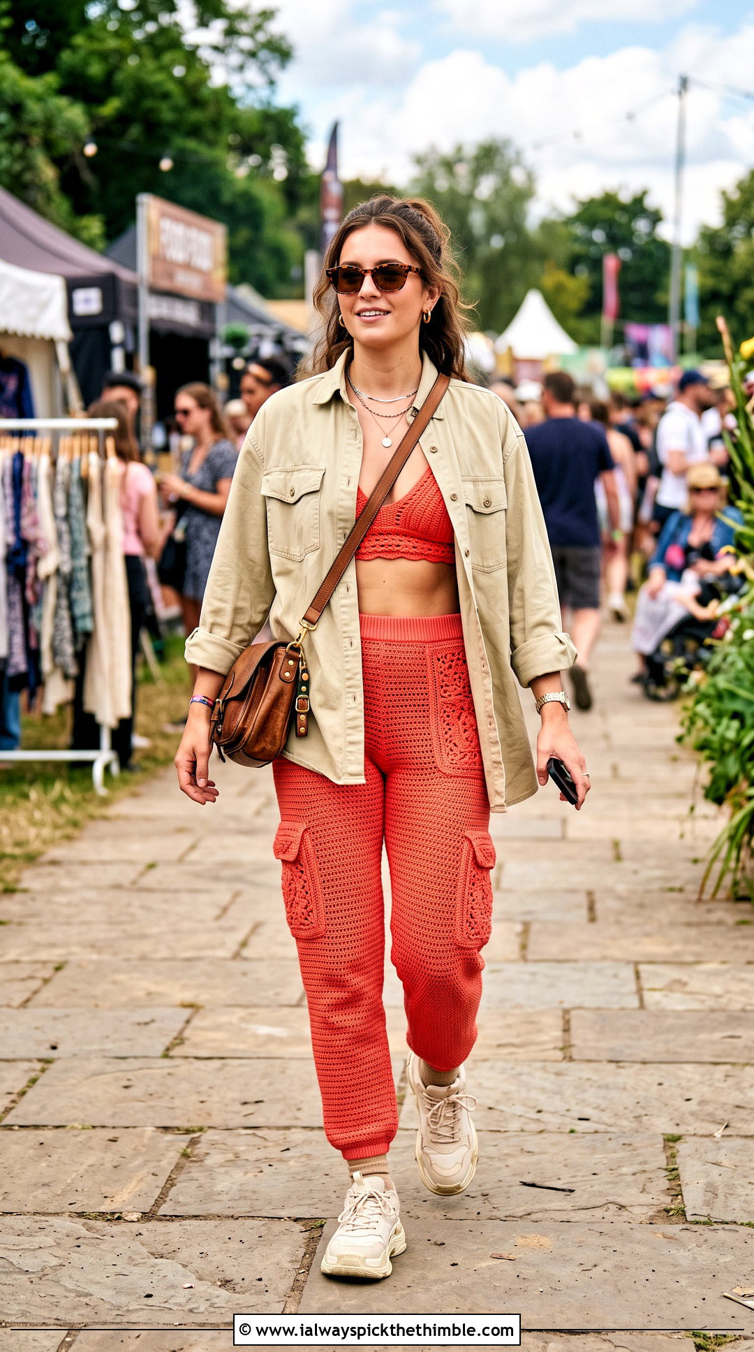 Crochet Bralette And Cargo Pants Set With Utility Shirt - 25 crochet two piece outfit ideas