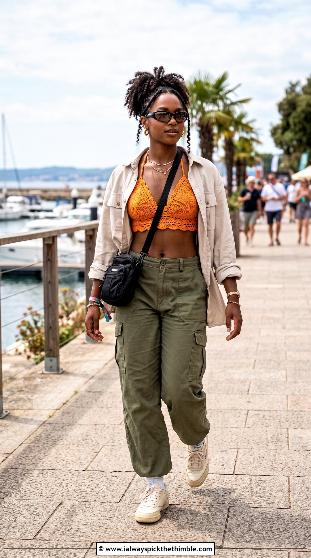Crochet Bralette Bikini With Cargo Pants - 20 black women crochet swimwear outfit ideas